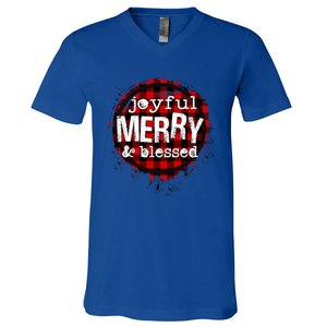 Joyful Merry And Blessed Christmas Xmas Vibes Buffalo Plaid Gift V-Neck T-Shirt