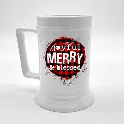 Joyful Merry And Blessed Christmas Xmas Vibes Buffalo Plaid Gift Beer Stein