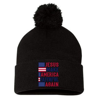 Jesus Make America Faithful Again - Patriotic American Flag Pom Pom 12in Knit Beanie