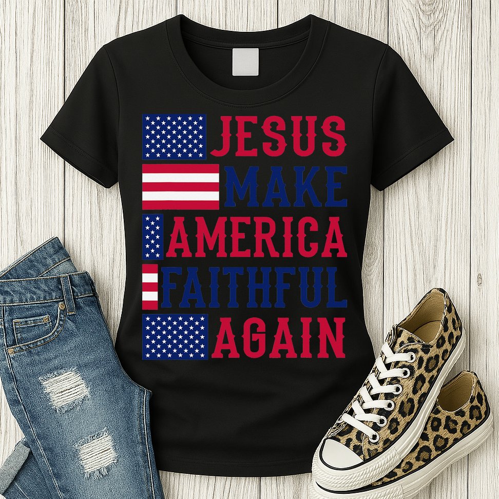 Jesus Make America Faithful Again - Patriotic American Flag Womens T-Shirt