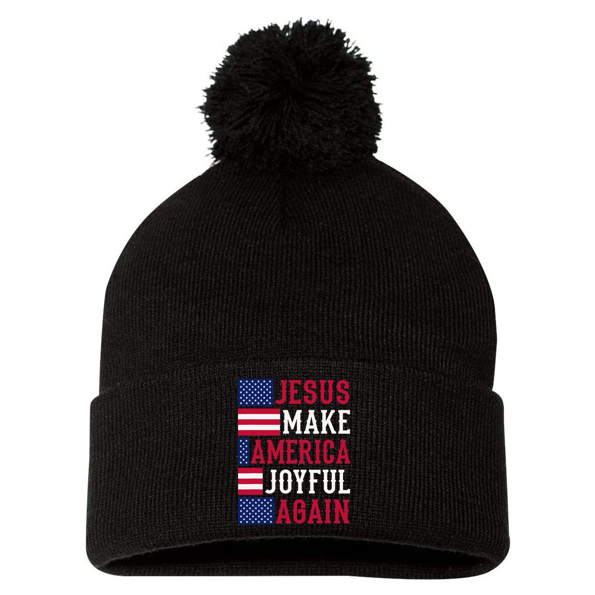 Jesus Make America Joyful Again - American Flag - Christian Pom Pom 12in Knit Beanie