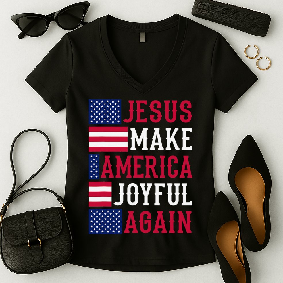 Jesus Make America Joyful Again - American Flag - Christian Women's V-Neck T-Shirt