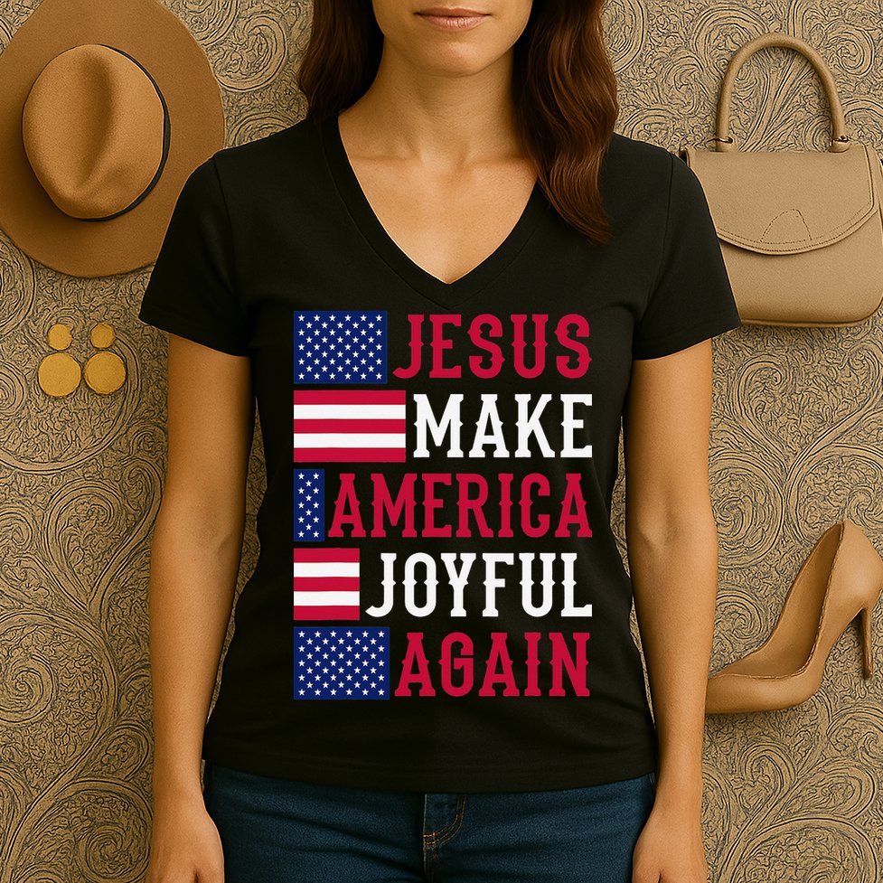 Jesus Make America Joyful Again - American Flag - Christian Women's V-Neck T-Shirt