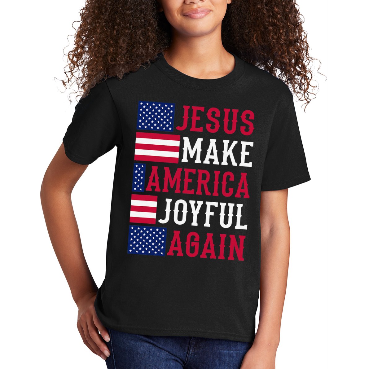 Jesus Make America Joyful Again - American Flag - Christian Kids T-Shirt