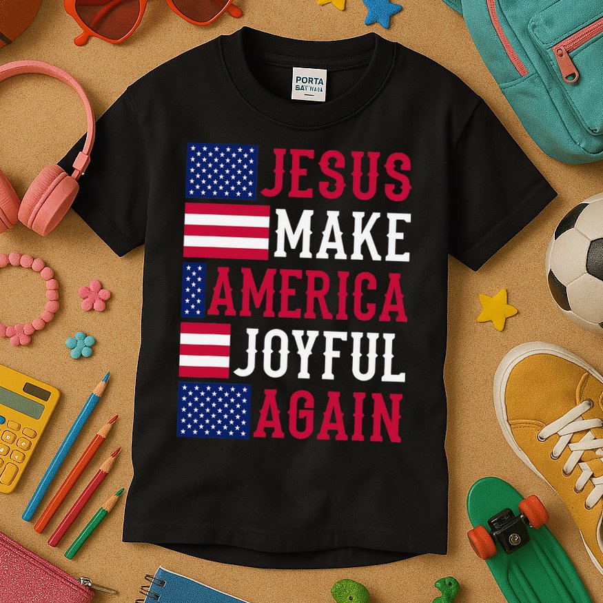 Jesus Make America Joyful Again - American Flag - Christian Kids T-Shirt