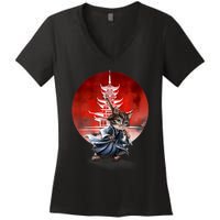 Japanese Martial Art Warrior Kendo Cat Women's V-Neck T-Shirt