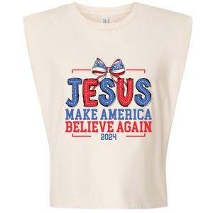 Jesus Make America Believe Again 2024 Vote Funny Patriotic Garment-Dyed Women's Muscle Tee