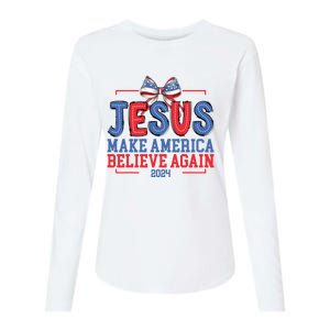 Jesus Make America Believe Again 2024 Vote Funny Patriotic Womens Cotton Relaxed Long Sleeve T-Shirt