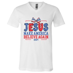 Jesus Make America Believe Again 2024 Vote Funny Patriotic V-Neck T-Shirt