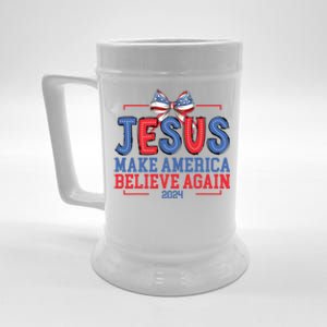 Jesus Make America Believe Again 2024 Vote Funny Patriotic Beer Stein