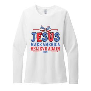 Jesus Make America Believe Again 2024 Vote Funny Patriotic Womens CVC Long Sleeve Shirt