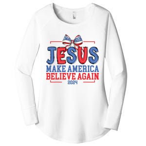 Jesus Make America Believe Again 2024 Vote Funny Patriotic Women's Perfect Tri Tunic Long Sleeve Shirt