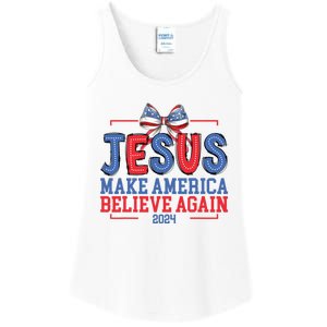 Jesus Make America Believe Again 2024 Vote Funny Patriotic Ladies Essential Tank