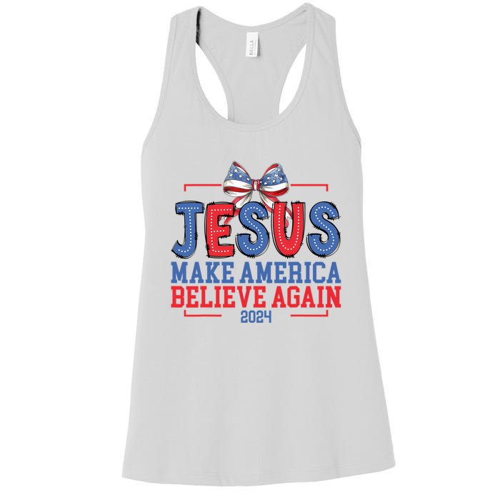 Jesus Make America Believe Again 2024 Vote Funny Patriotic Women's Racerback Tank