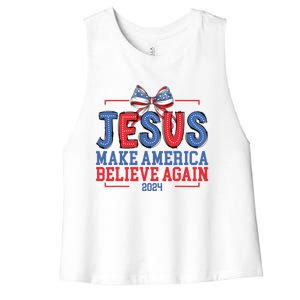 Jesus Make America Believe Again 2024 Vote Funny Patriotic Women's Racerback Cropped Tank