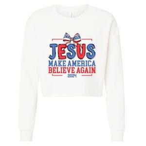 Jesus Make America Believe Again 2024 Vote Funny Patriotic Cropped Pullover Crew