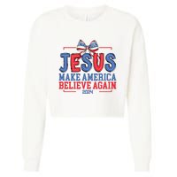 Jesus Make America Believe Again 2024 Vote Funny Patriotic Cropped Pullover Crew