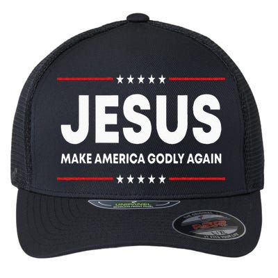 Jesus Make America Godly Again Patriotic Christian Faith USA Flexfit Unipanel Trucker Cap