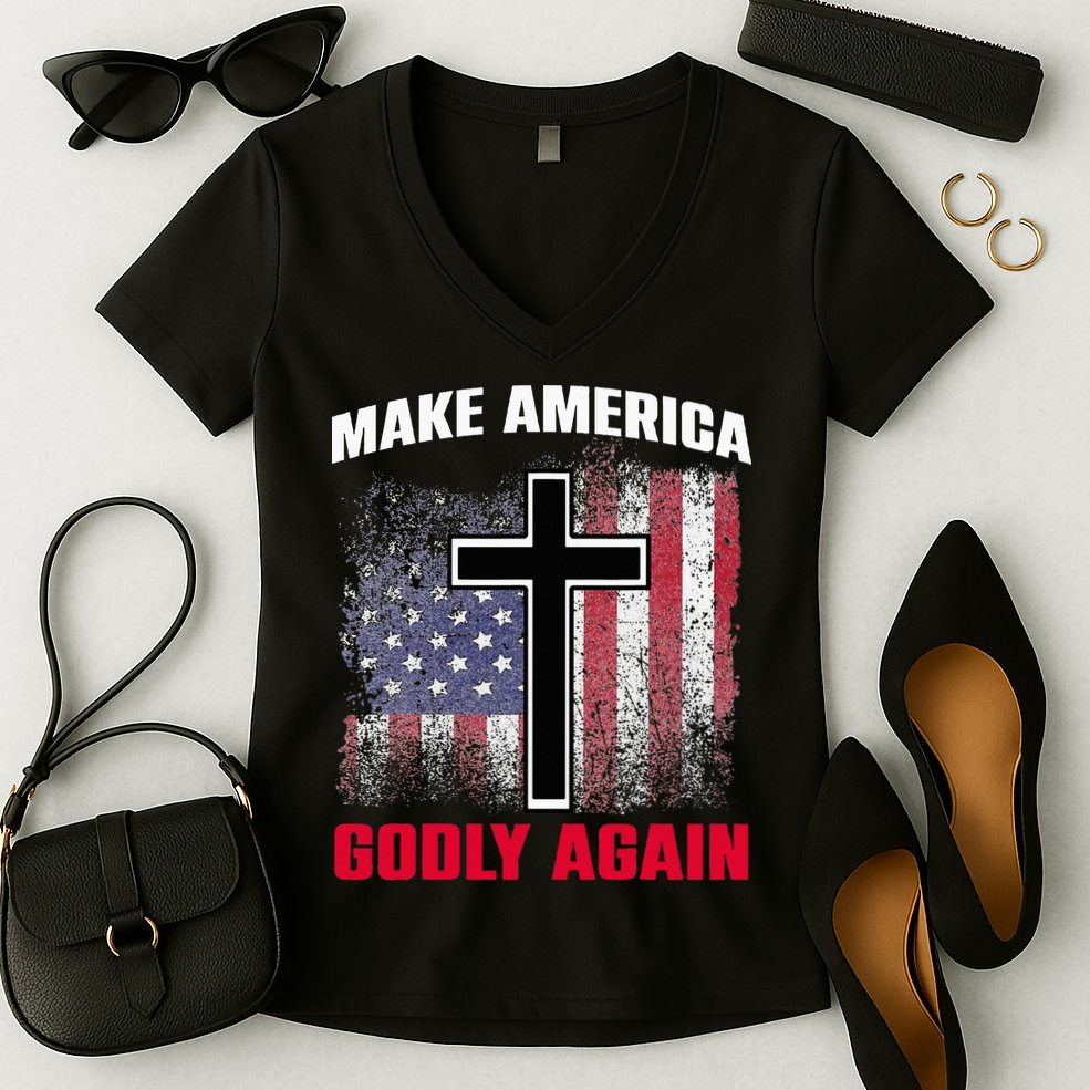 Jesus Make America Godly Again American Patriot Christian Women's V-Neck T-Shirt