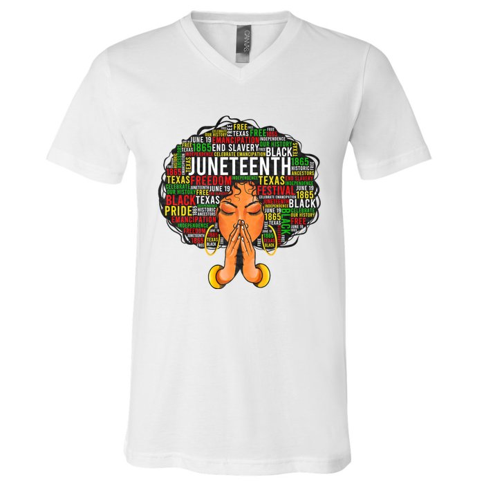 Juneteenth Melanin Black Women Natural Hair Graphic V-Neck T-Shirt