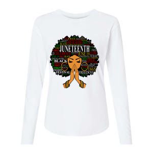 Juneteenth Melanin Black Women Natural Hair Afro Word Art Vneck Womens Cotton Relaxed Long Sleeve T-Shirt