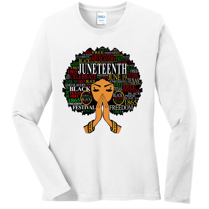 Juneteenth Melanin Black Women Natural Hair Afro Word Art Vneck Ladies Long Sleeve Shirt