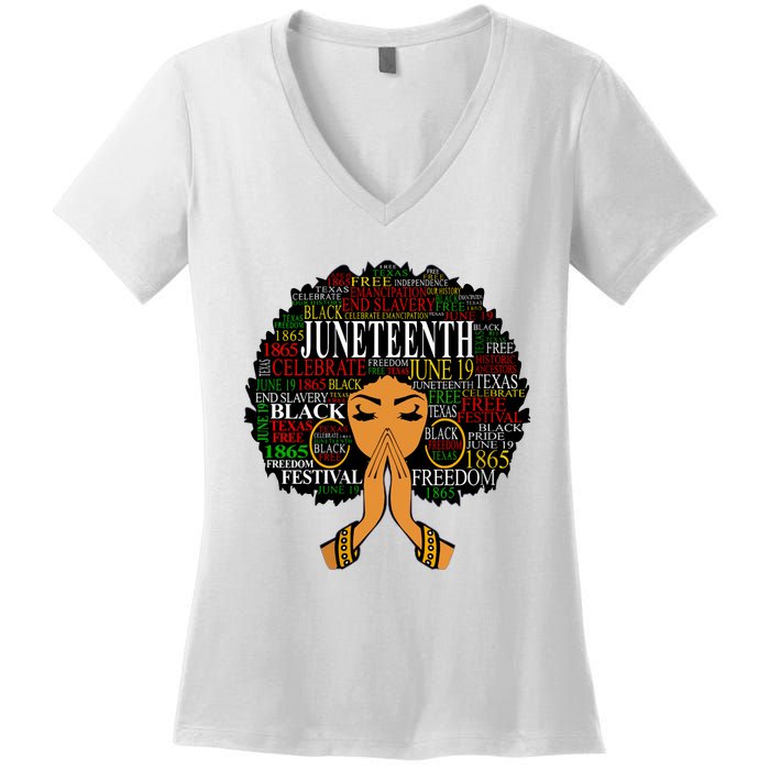 Juneteenth Melanin Black Women Natural Hair Afro Word Art Vneck Women's V-Neck T-Shirt