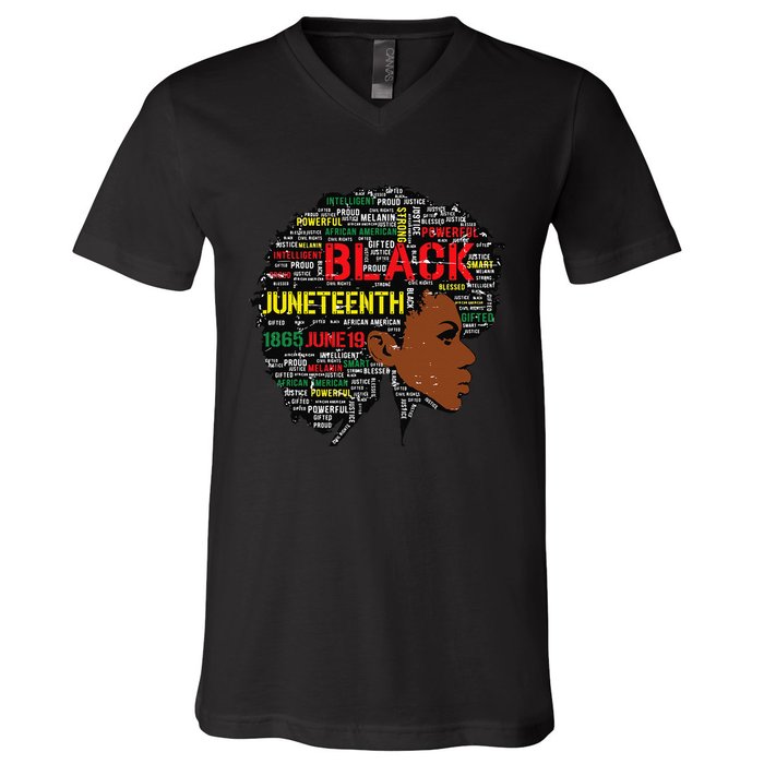 Juneteenth Melanin Black Wo Natural Hair Afro Word Art V-Neck T-Shirt