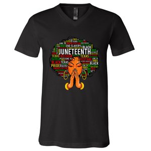 Juneteenth Melanin Black  Natural Hair Afro Word Art V-Neck T-Shirt