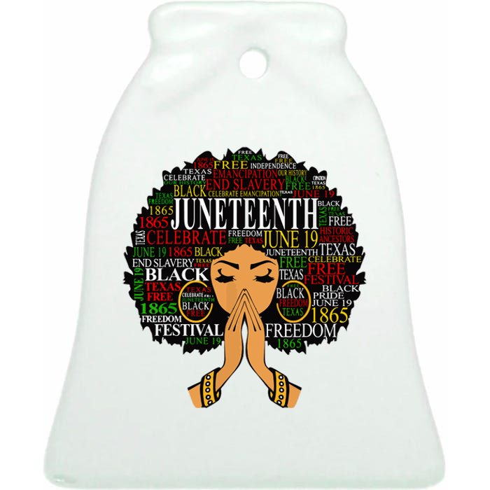 Juneteenth Melanin Black Women Natural Hair Afro Word Art Ceramic Bell Ornament