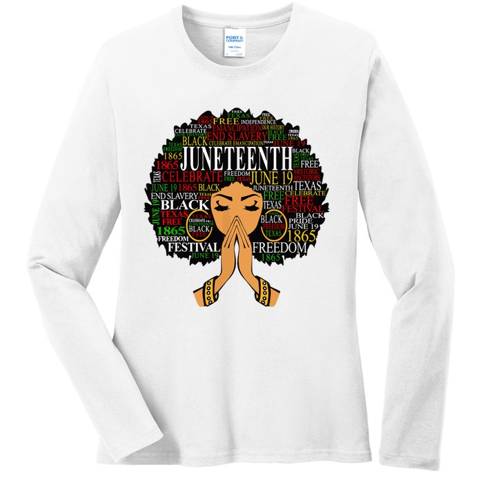 Juneteenth Melanin Black Women Natural Hair Afro Word Art Ladies Long Sleeve Shirt