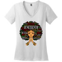 Juneteenth Melanin Black Women Natural Hair Afro Word Art Women's V-Neck T-Shirt