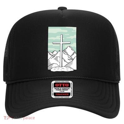 Jesus Mountain Cross High Crown Mesh Back Trucker Hat