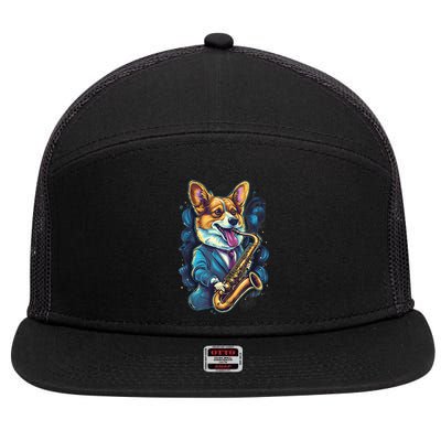 Jazz Musician Corgi Dog Saxophone 7 Panel Mesh Trucker Snapback Hat