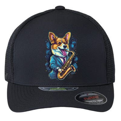 Jazz Musician Corgi Dog Saxophone Flexfit Unipanel Trucker Cap