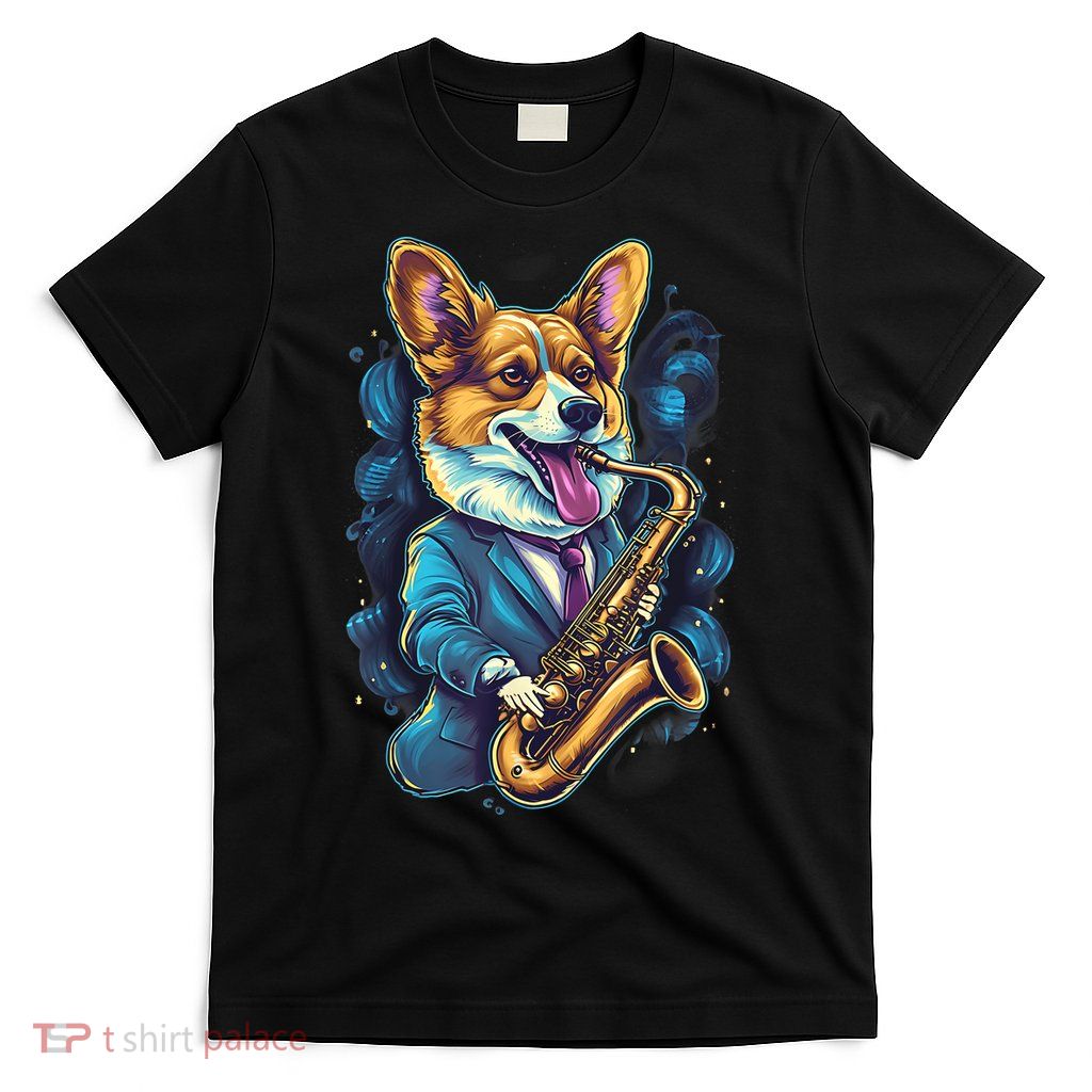 Jazz Musician Corgi Dog Saxophone T-Shirt