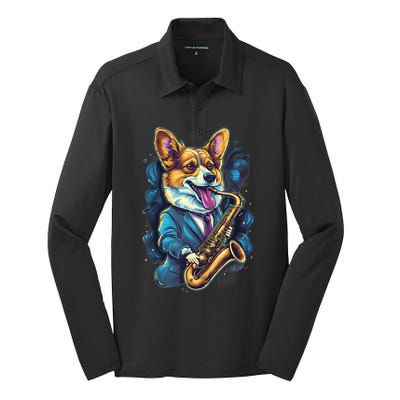 Jazz Musician Corgi Dog Saxophone Silk Touch Performance Long Sleeve Polo