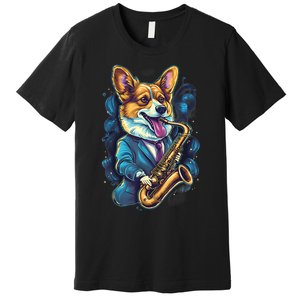 Jazz Musician Corgi Dog Saxophone Premium T-Shirt