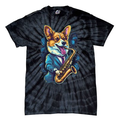 Jazz Musician Corgi Dog Saxophone Tie-Dye T-Shirt