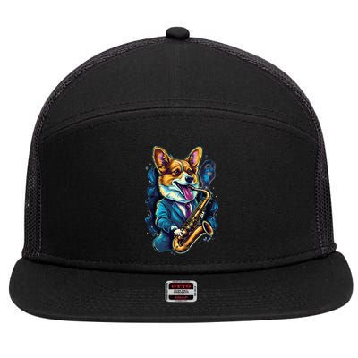 Jazz Musician Corgi Dog Saxophone 7 Panel Mesh Trucker Snapback Hat