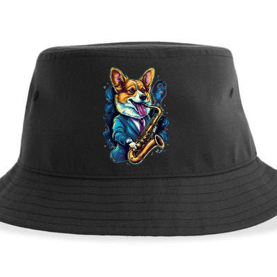 Jazz Musician Corgi Dog Saxophone Sustainable Bucket Hat