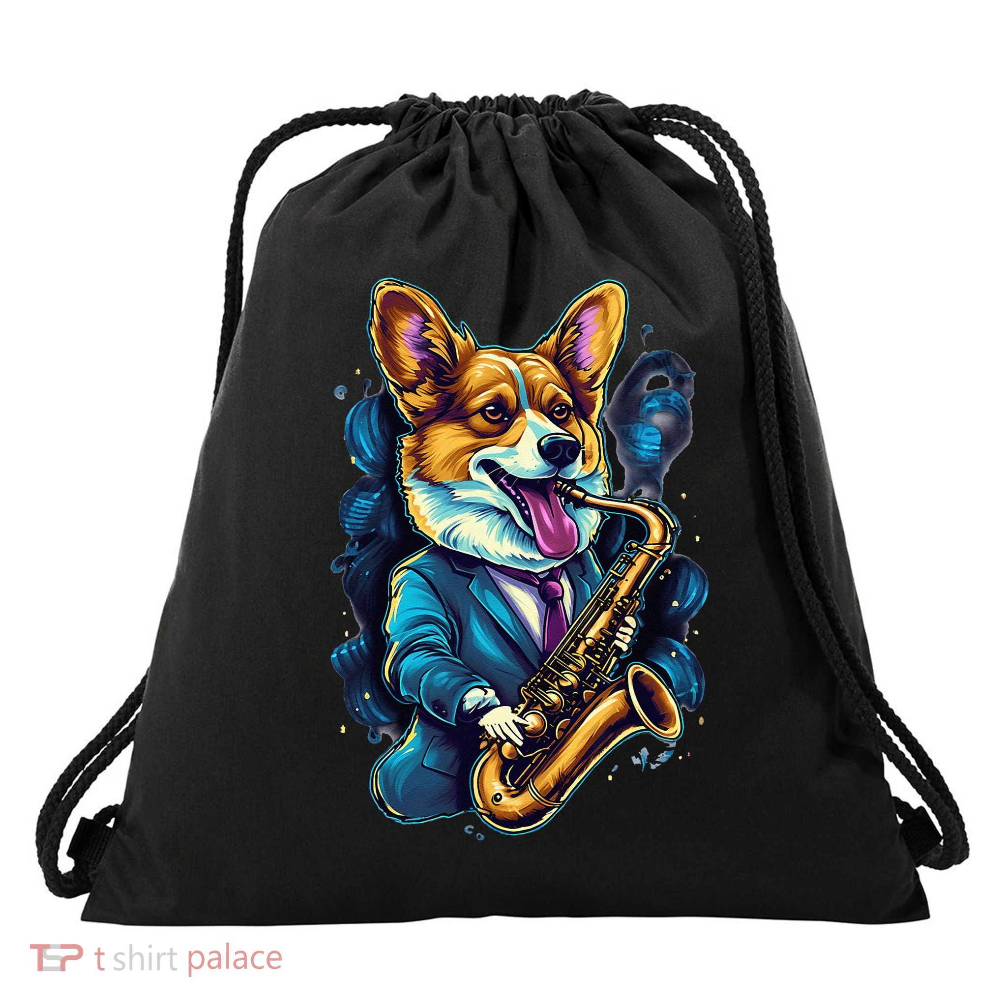 Jazz Musician Corgi Dog Saxophone Drawstring Bag