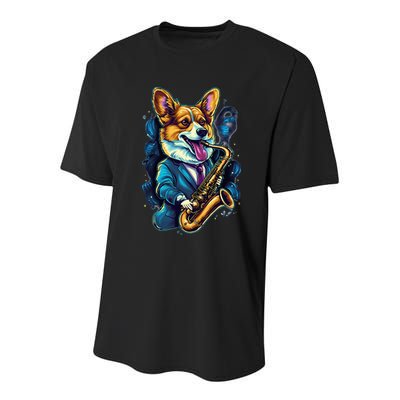 Jazz Musician Corgi Dog Saxophone Youth Performance Sprint T-Shirt