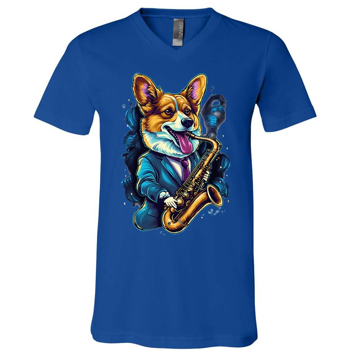 Jazz Musician Corgi Dog Saxophone V-Neck T-Shirt