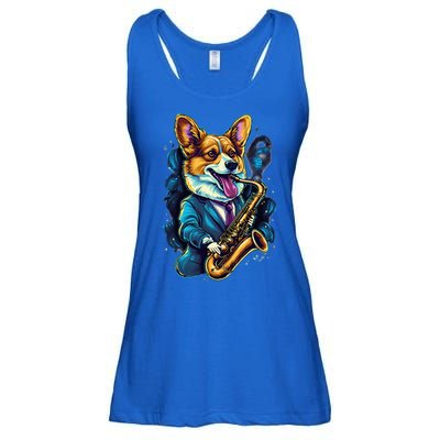Jazz Musician Corgi Dog Saxophone Ladies Essential Flowy Tank