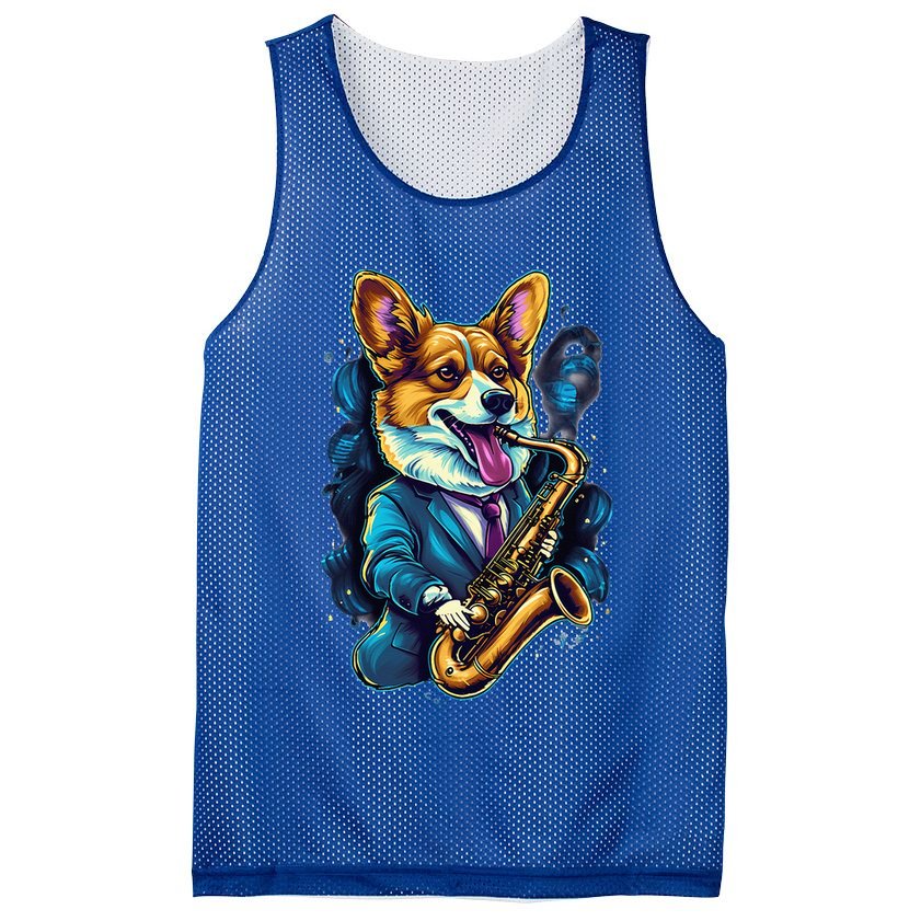 Jazz Musician Corgi Dog Saxophone Mesh Reversible Basketball Jersey Tank