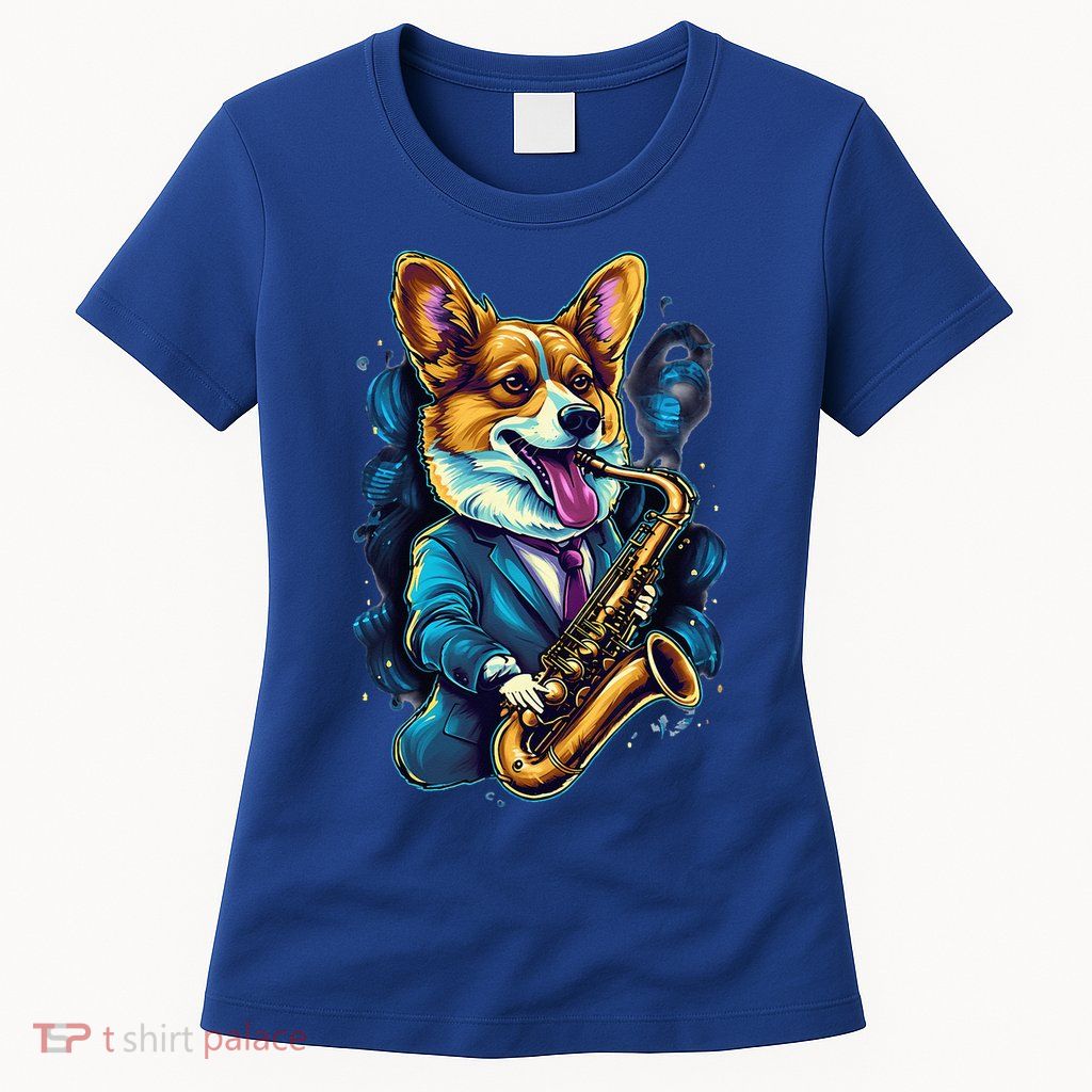 Jazz Musician Corgi Dog Saxophone Womens T-Shirt