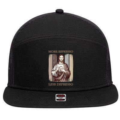 Jesus More Espresso And Less Depresso Retro Coffee Lovers 7 Panel Mesh Trucker Snapback Hat