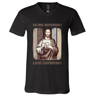 Jesus More Espresso And Less Depresso Retro Coffee Lovers V-Neck T-Shirt