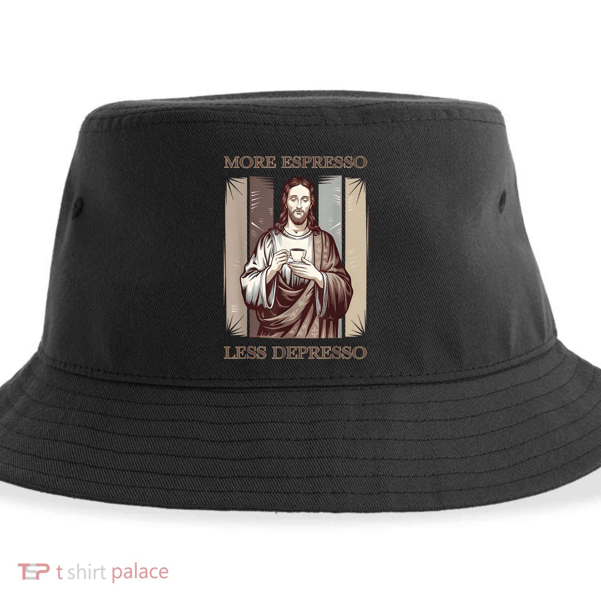 Jesus More Espresso And Less Depresso Retro Coffee Lovers Sustainable Bucket Hat